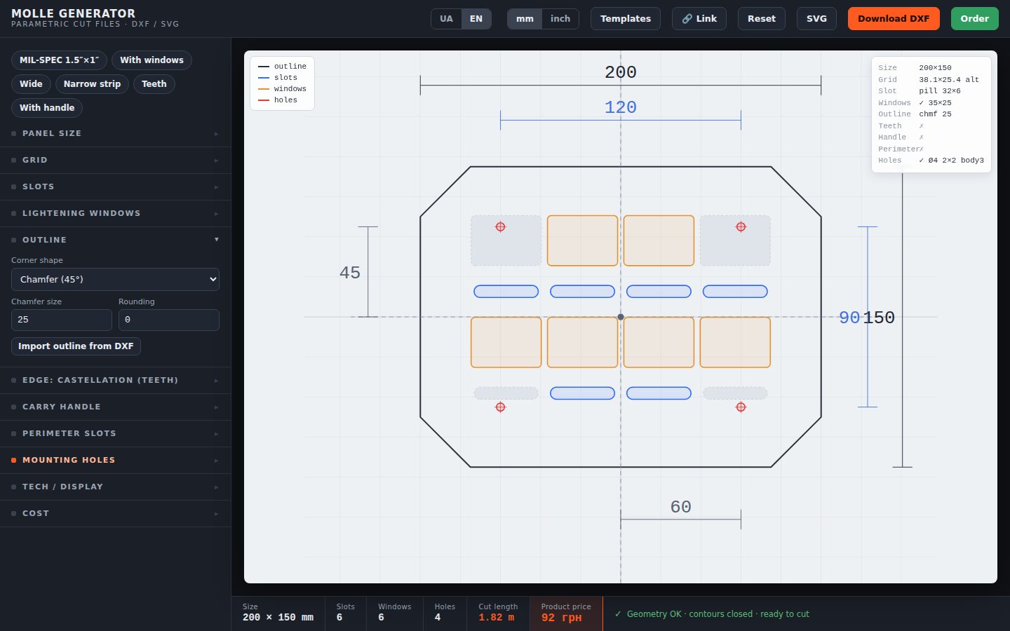 “Outline” section — 45° chamfer