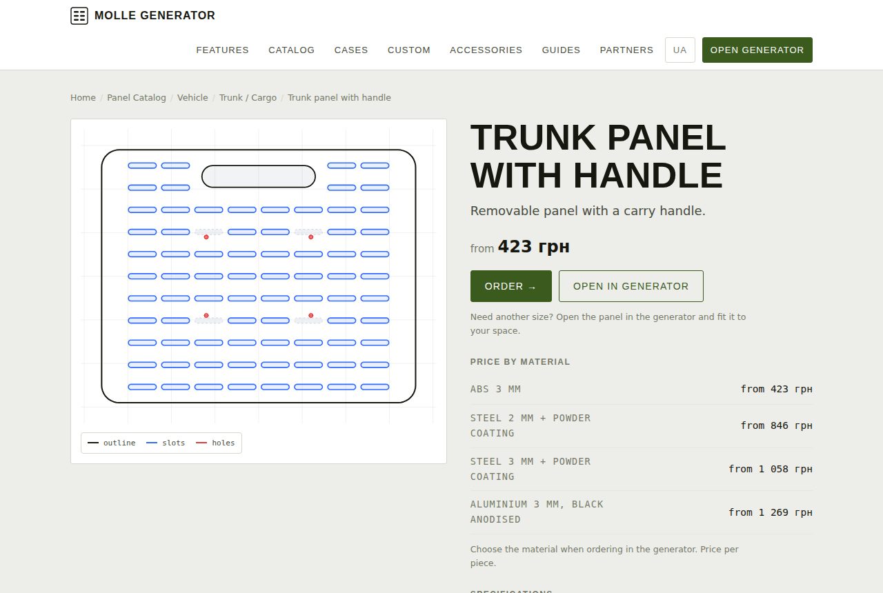 Catalog panel page with “Open in generator” and “Order” buttons